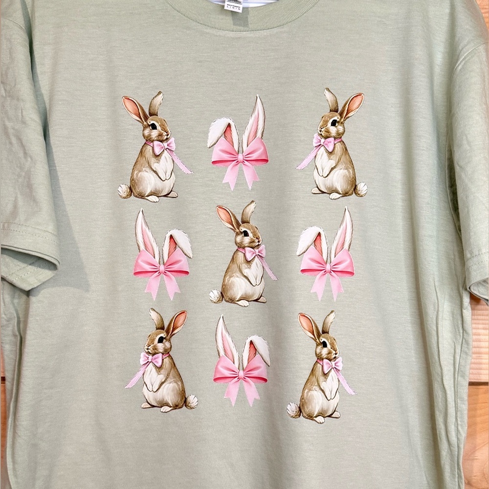 American Apparel Sage Green Tee with Pink Bow & Brown Bunny Print